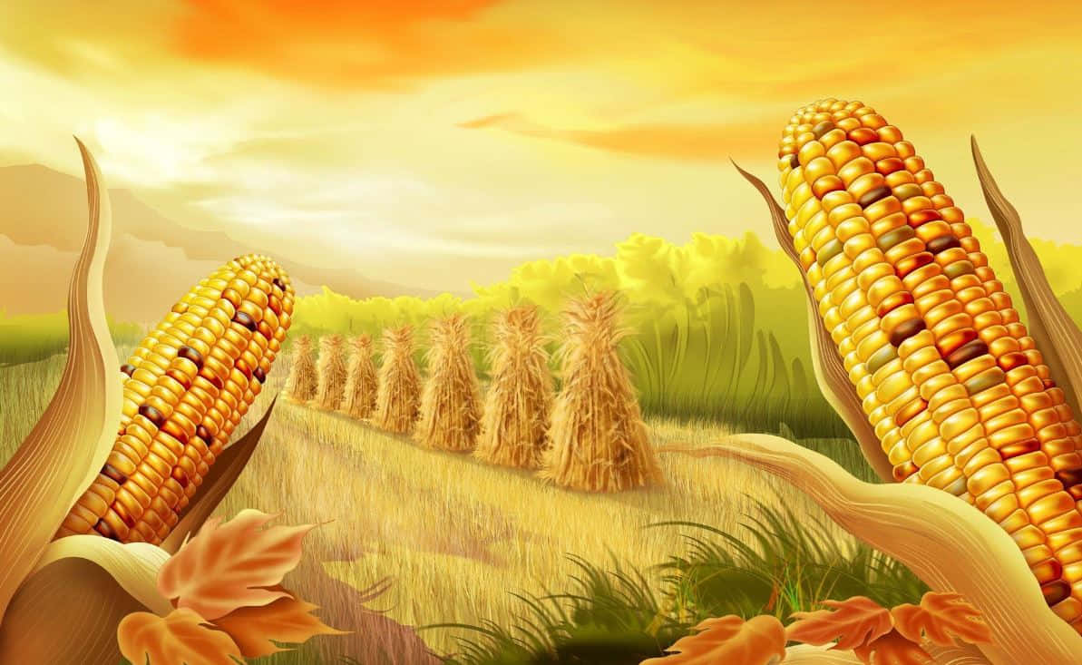 Corn 桌布 壁紙 — 金色粟米稈襯托著陽光普照的秋日田野，田裏有乾草捆，上方是溫暖的橙色天空。