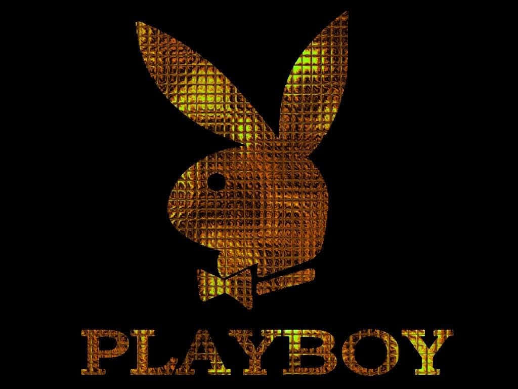 playboy 桌布 壁紙 — 金色紋理Playboy兔仔標誌，配蝴蝶結及文字，黑色背景。