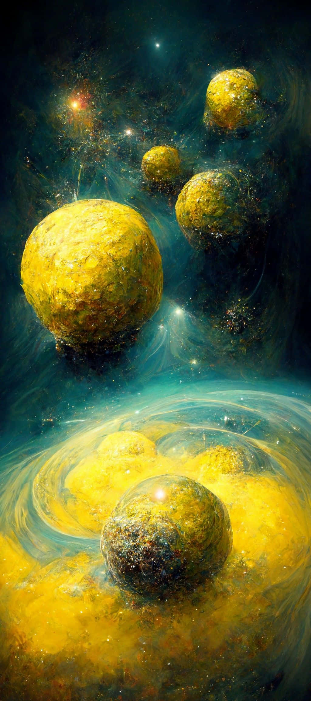Yellow Galaxy 桌布 壁紙 — 金色紋理球體漂浮在旋轉的宇宙星雲和遙遠恆星之間，構成超現實的太空場景。