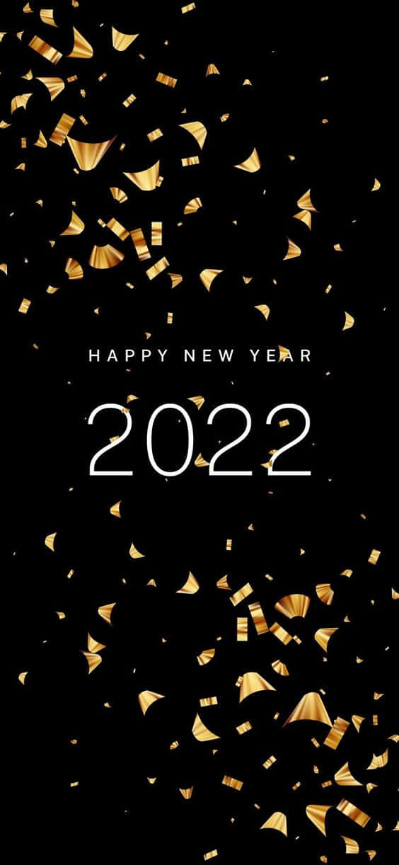 金色紙屑落在黑色背景上，白色文字寫著新年快樂2022