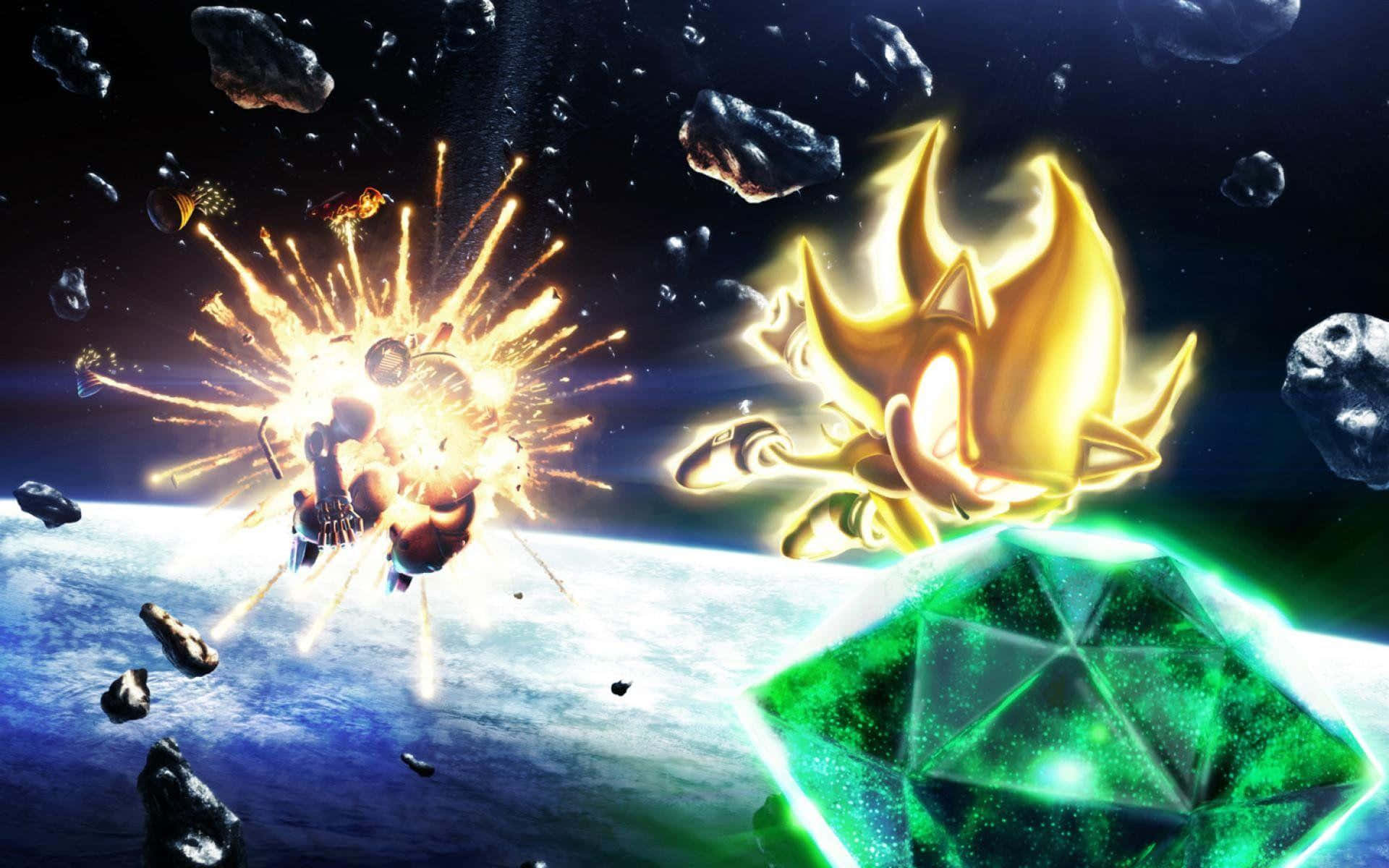 Chaos Emeralds 桌布 壁紙 — 金色索尼克在太空飛馳，躲避小行星，同時一艘太空船在他身後靠近發光綠色寶石處爆炸。
