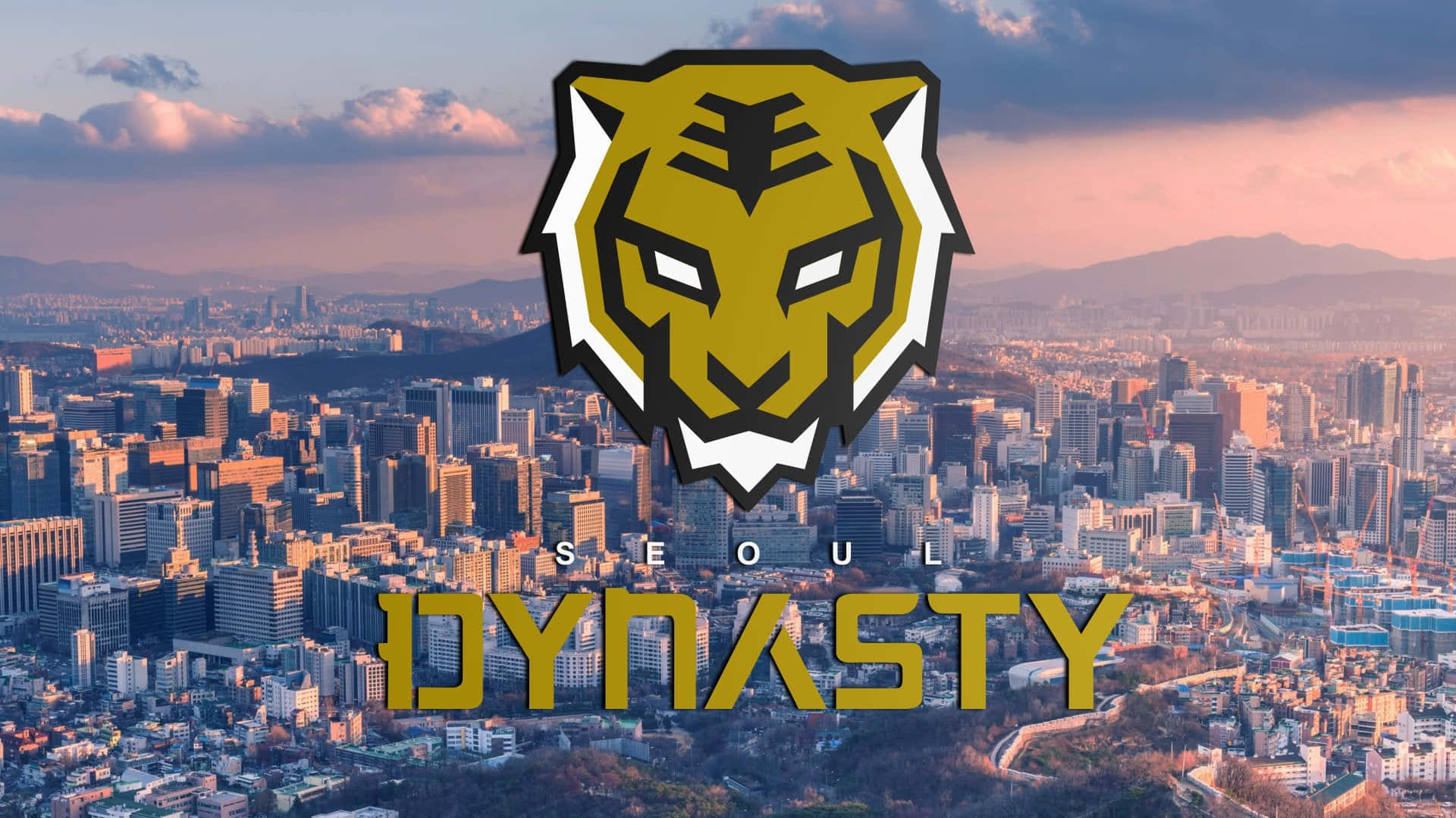 Overwatch League 桌布 壁紙 — 金色老虎頭標誌及'SEOUL DYNASTY'文字疊加在日落時分廣闊的城市景觀上，天空有粉紅色和橙色的雲彩。