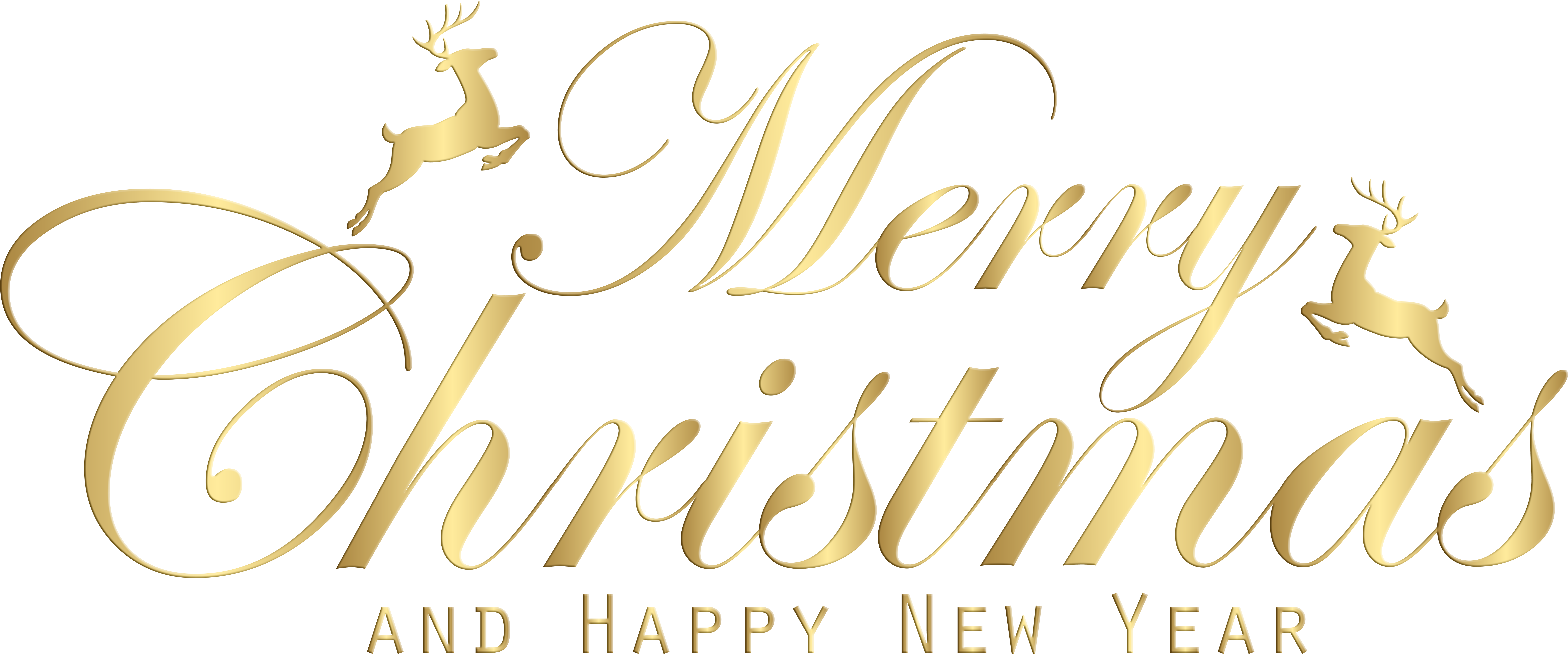 金色聖誕快樂與新年快樂文字 壁紙 — 金色草書 Merry Christmas 和 Happy New Year 文字，搭配跳躍的馴鹿在黑色背景上。