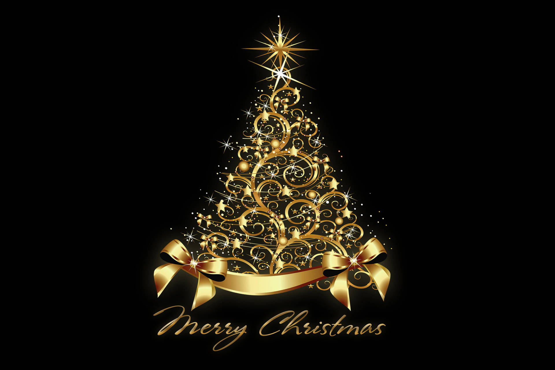 金色聖誕樹，蝴蝶結和星星，黑色背景，Merry Christmas文字。