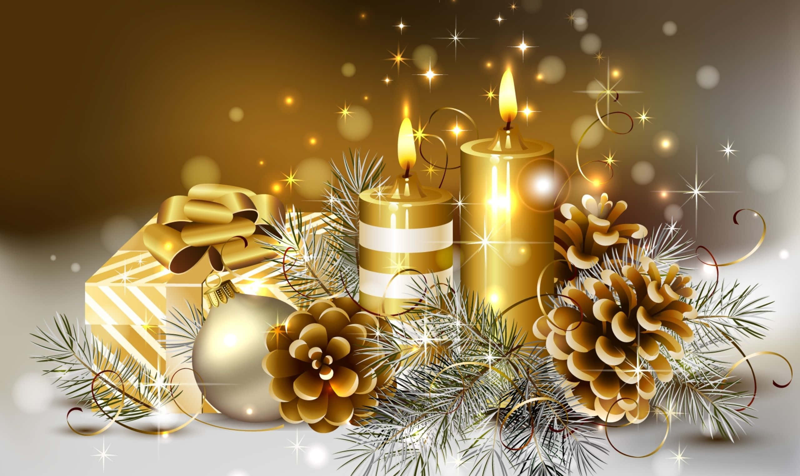 Greetings 桌布 壁紙 — 金色聖誕裝飾、蠟燭、松果和禮物盒在溫暖的散景背景下閃爍著節日光芒。