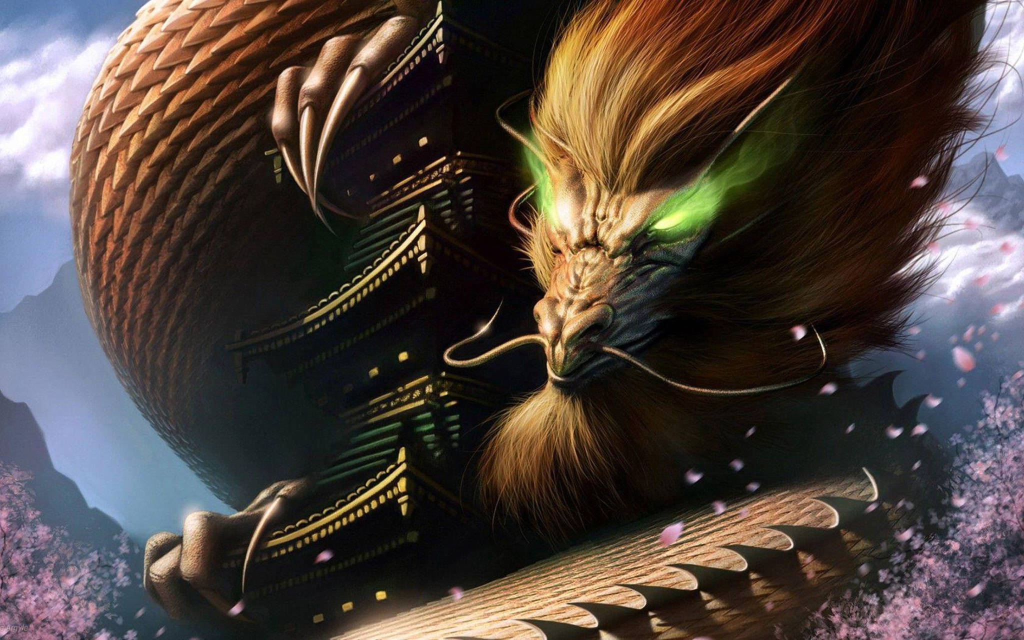 金色聖龍 壁紙 — 一條擁有發光綠色眼睛的龐大神話巨龍，在飄落的櫻花中纏繞著傳統的日本寶塔。