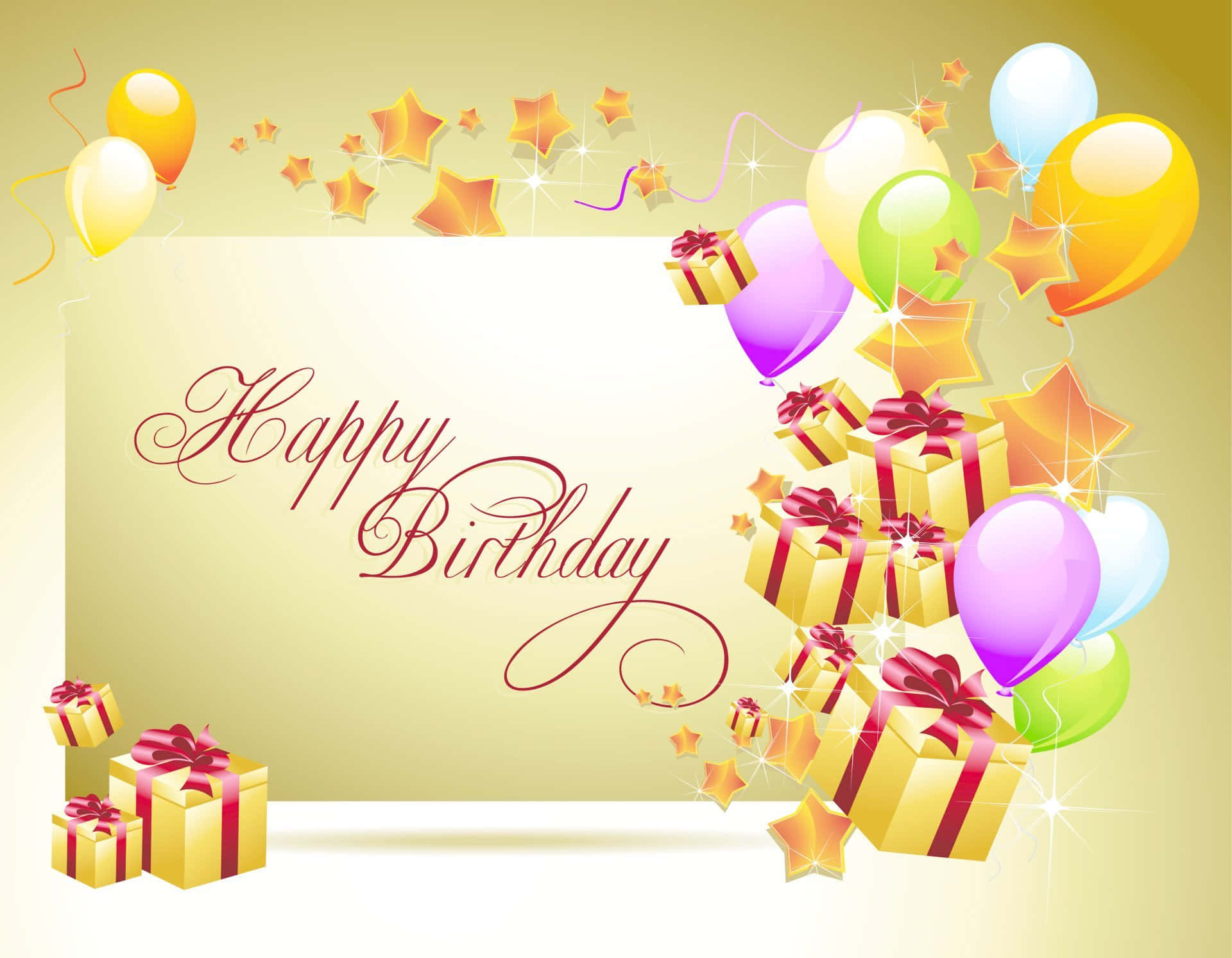 Birthday Wishes 桌布 壁紙 — 金色背景上帶有彩色氣球、禮物和閃爍星星的節日生日祝福。