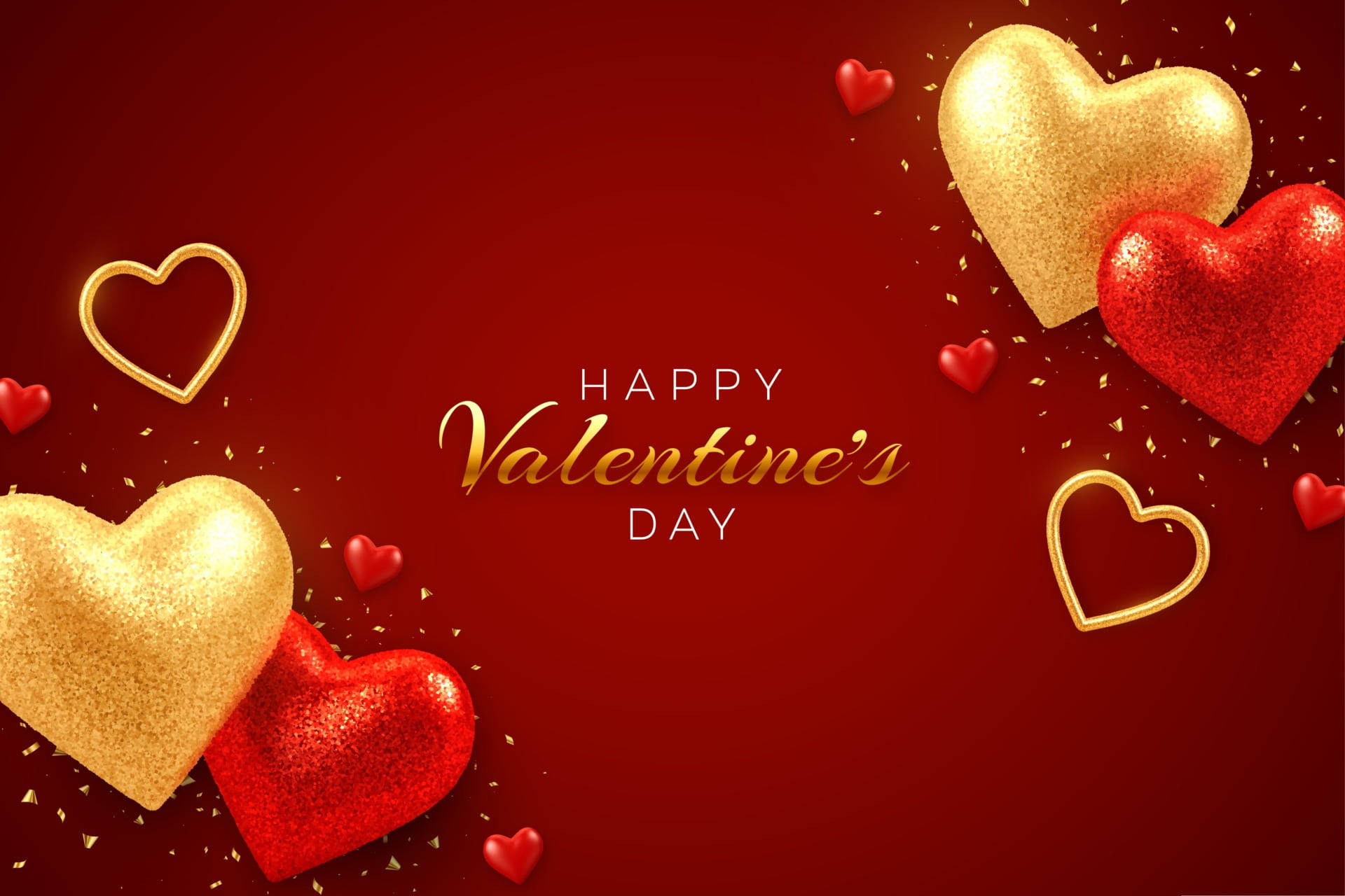 Happy Valentine's Day 問候，帶有閃爍的紅色和金色心形及五彩紙屑。