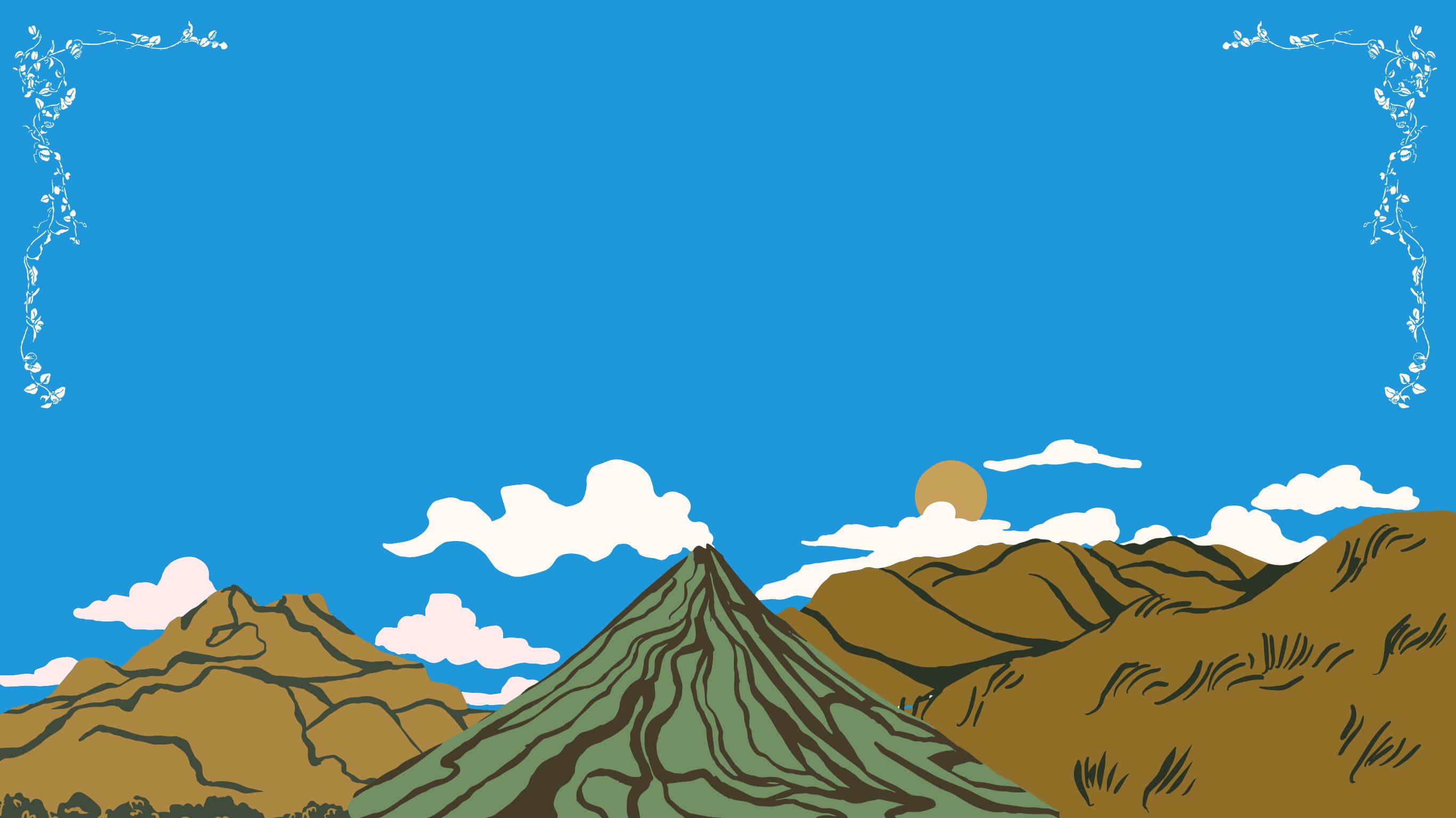 帶有夕陽和裝飾性藤蔓邊框的插圖山脈。
