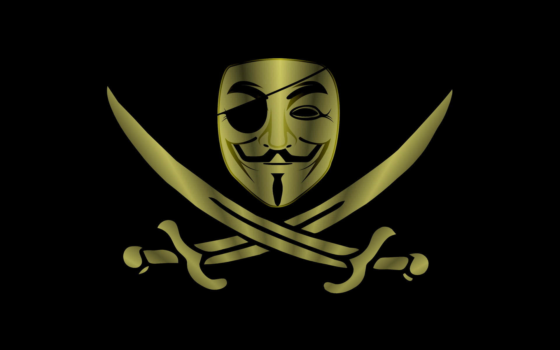 Anonymous 桌布 壁紙 — 金色蓋伊·福克斯面具居中於交叉劍之上，背景為純黑色。