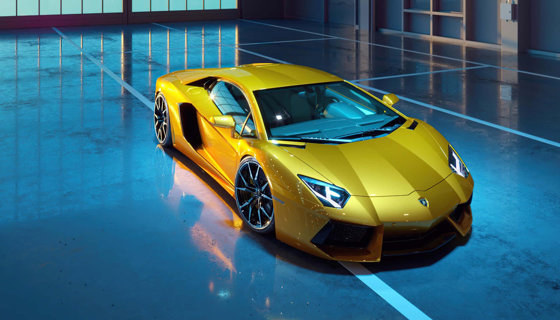 金色林寶堅尼Aventador在藍色燈光車庫中，地板反光。