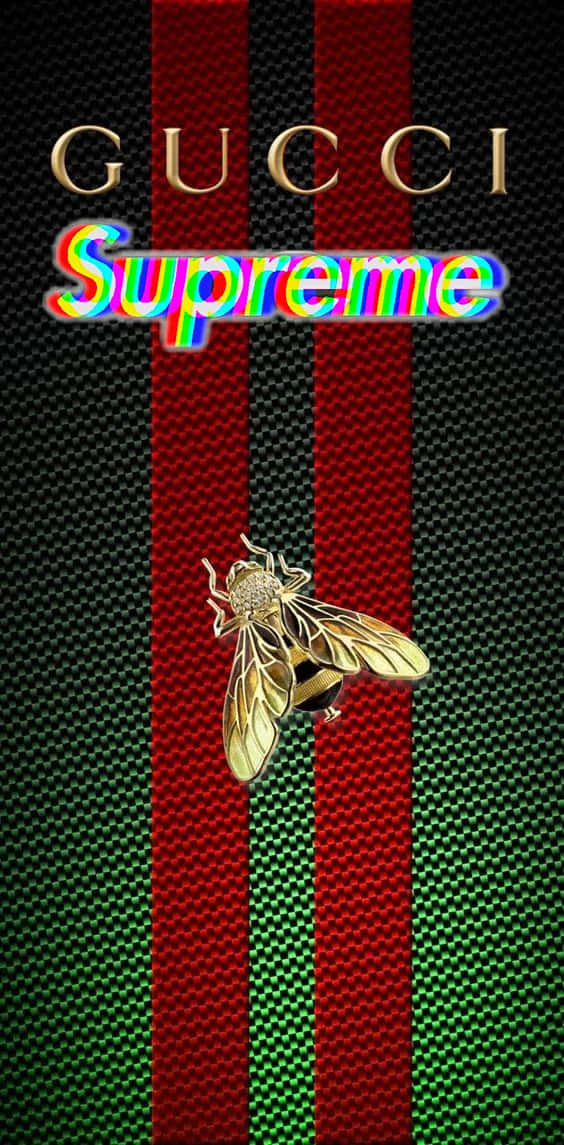 金色蜜蜂胸針在Gucci Supreme標誌條紋上，帶有彩虹故障效果。