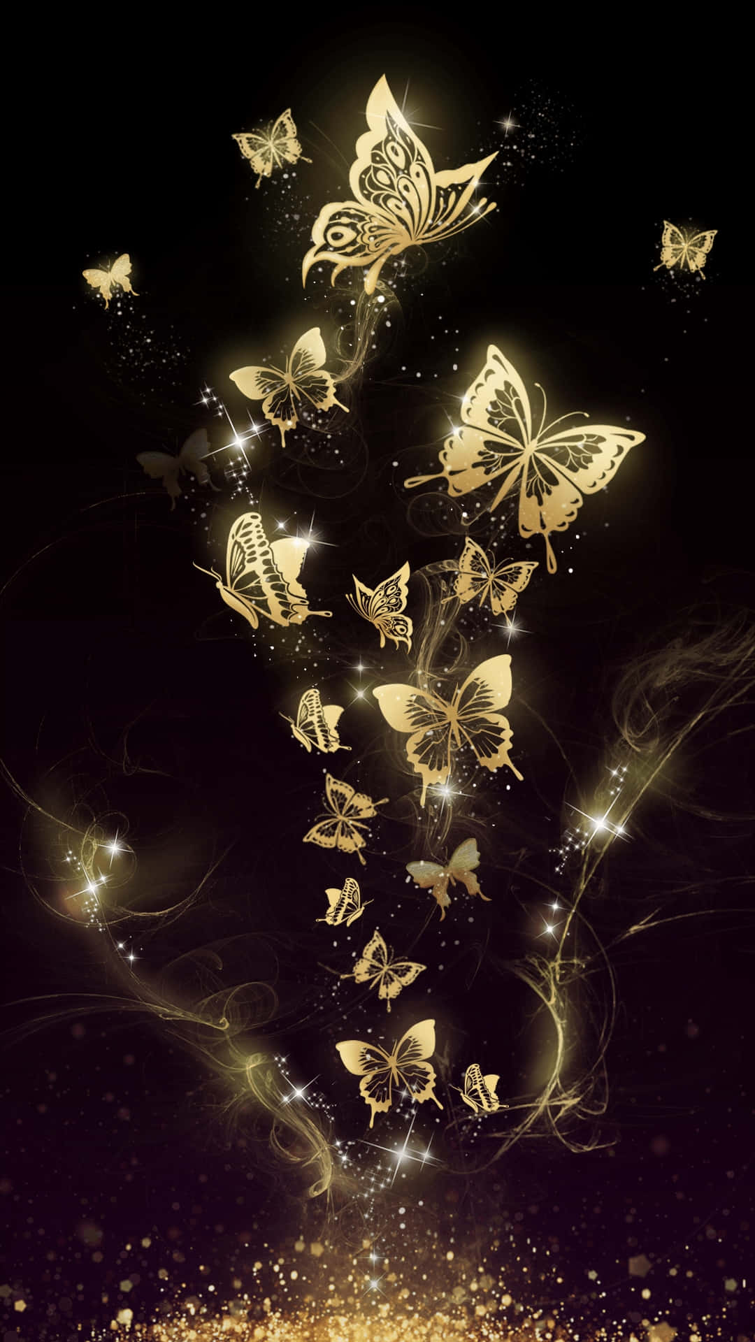 Dark Butterfly 桌布 壁紙 — 金色蝴蝶帶有複雜圖案，在黑暗背景中閃爍的光跡間翩翩起舞。