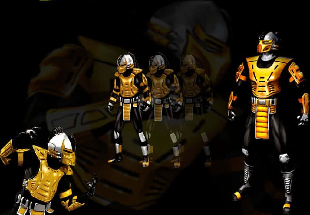 Mortal Kombat Cyrax 桌布 壁紙 — 金色裝甲戰士在黑暗競技場中，帶有發光點綴，背後有一個模糊的巨人身影隱約出現。