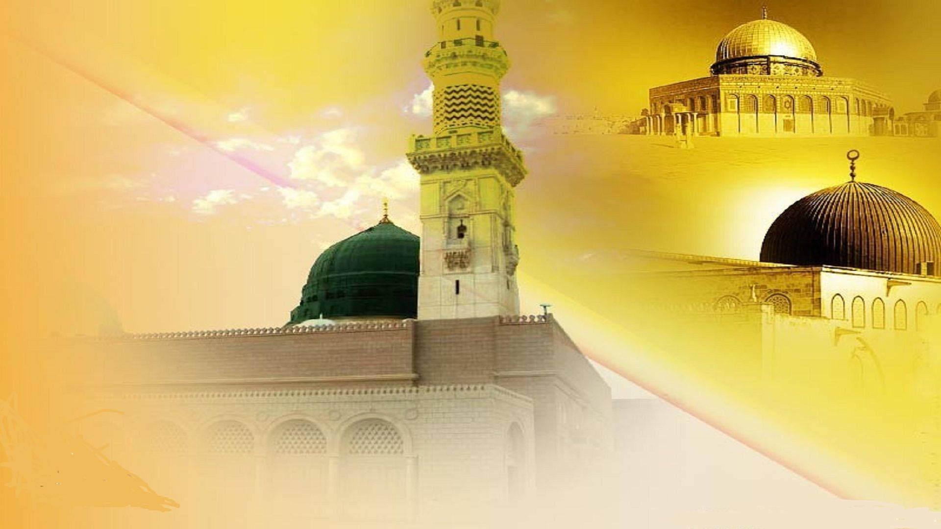 Madina Sharif 桌布 壁紙 — 金色調的伊斯蘭建築，圓頂和宣禮塔沐浴在溫暖的陽光下，映襯著燦爛的天空。