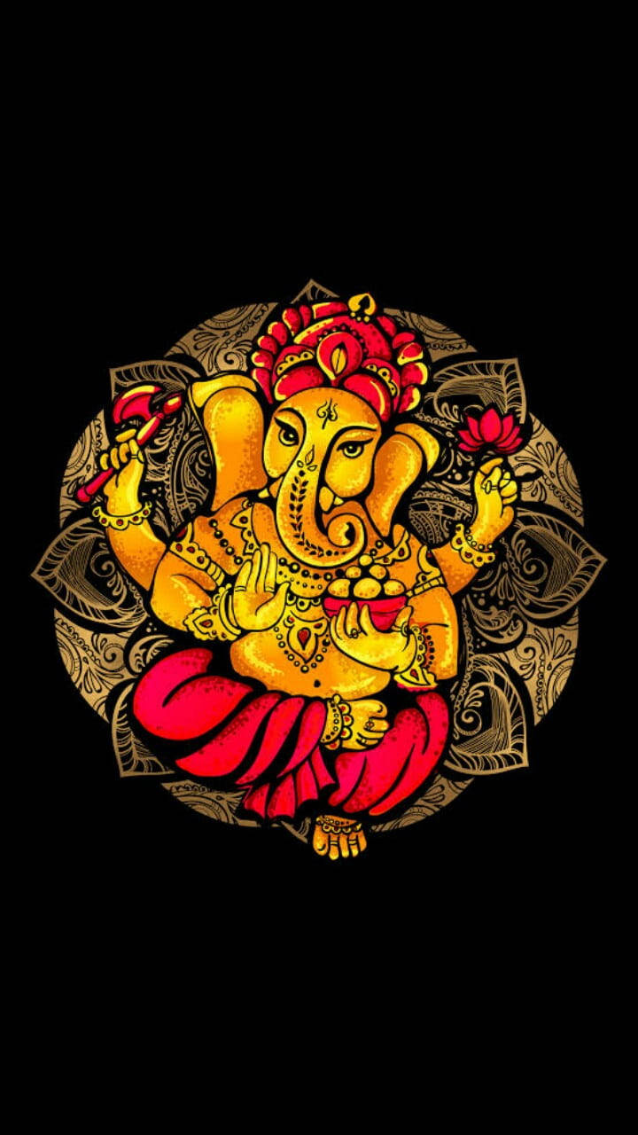 hindu iPhone 桌布 壁紙 — 金色象神戴著紅色皇冠和裙子坐在曼陀羅中，手持拉杜和蓮花，背景為黑色。