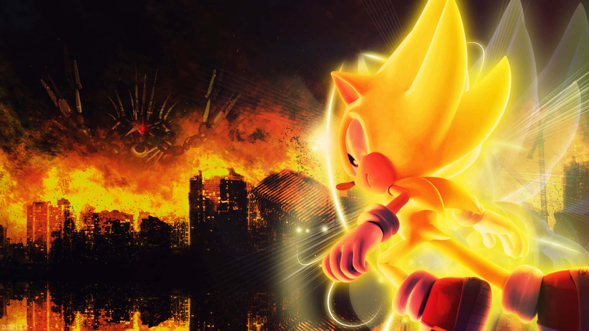 Sonic City Escape 桌布 壁紙 — 金色超級索尼克在黑暗天空下，散發著發光的能量，衝向火熱的城市天際線。