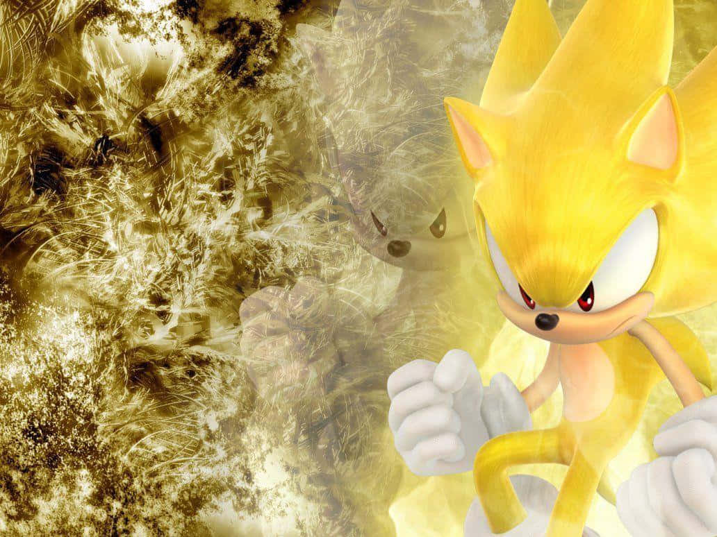 Super Sonic 桌布 壁紙 — 金色超級索尼克強勢地站在旋轉的能量漩渦前，身後有一個幽靈般的影子。