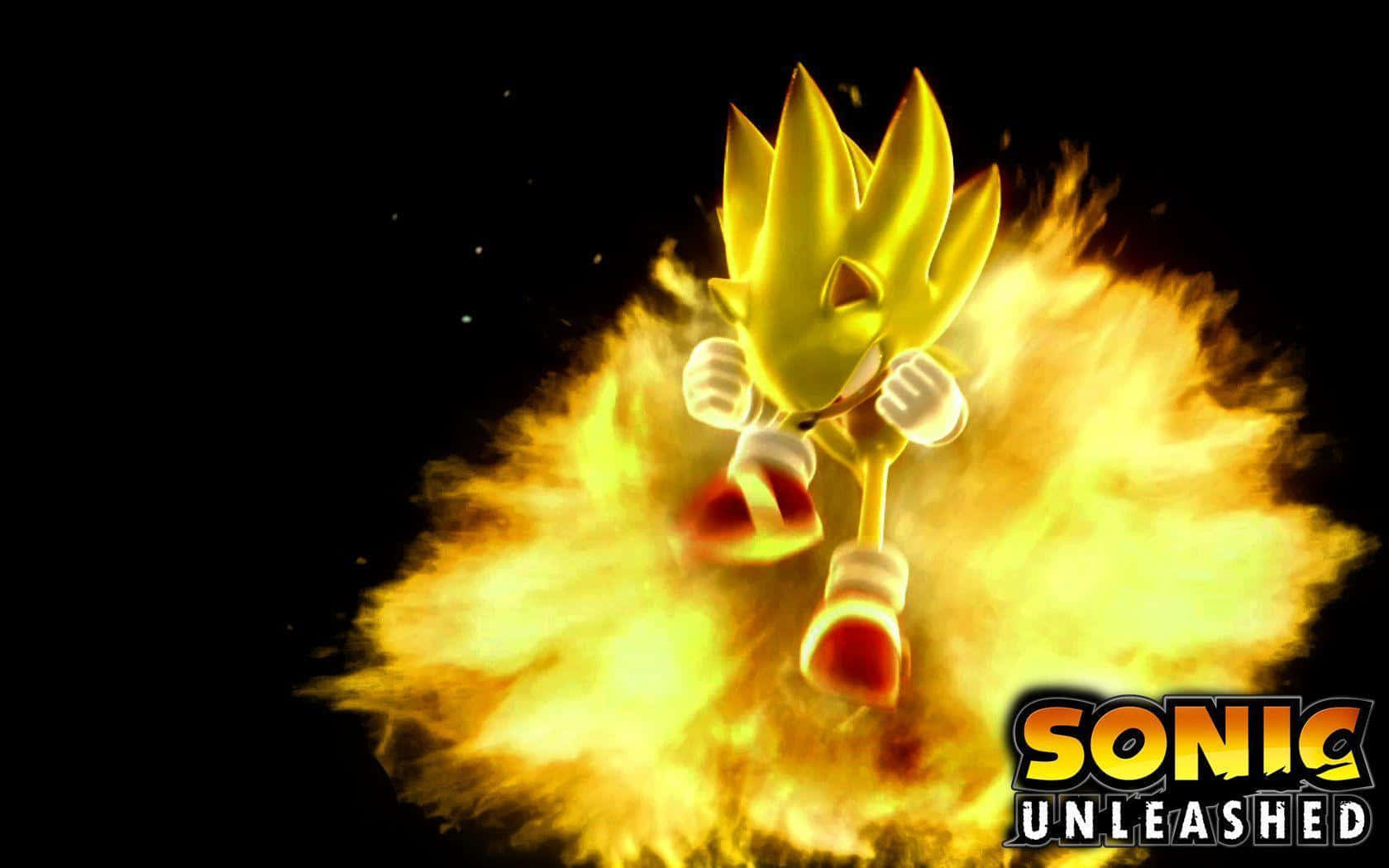 Super Sonic 桌布 壁紙 — 金色超音鼠在佈滿星星的黑色虛空中，衝破熾熱的爆炸向前衝刺。