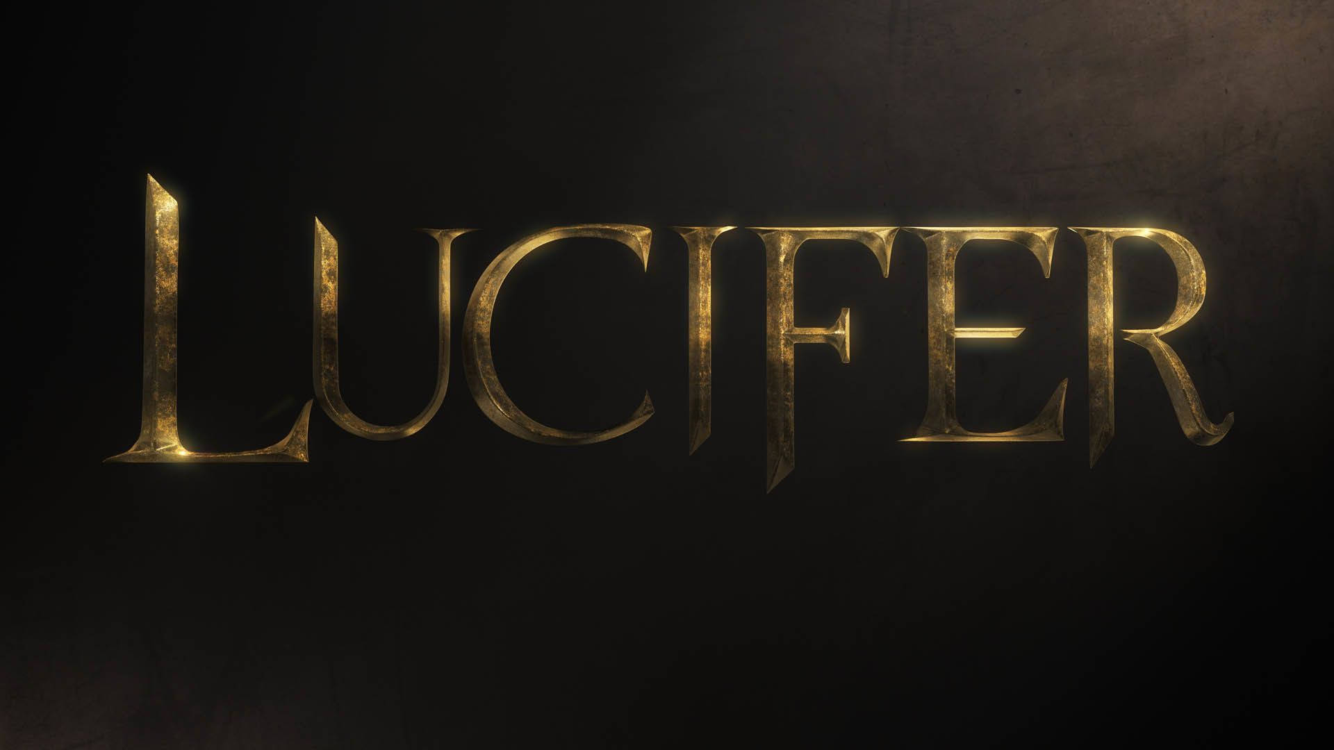 深色紋理背景上帶有戲劇性燈光的金色Lucifer標題文字