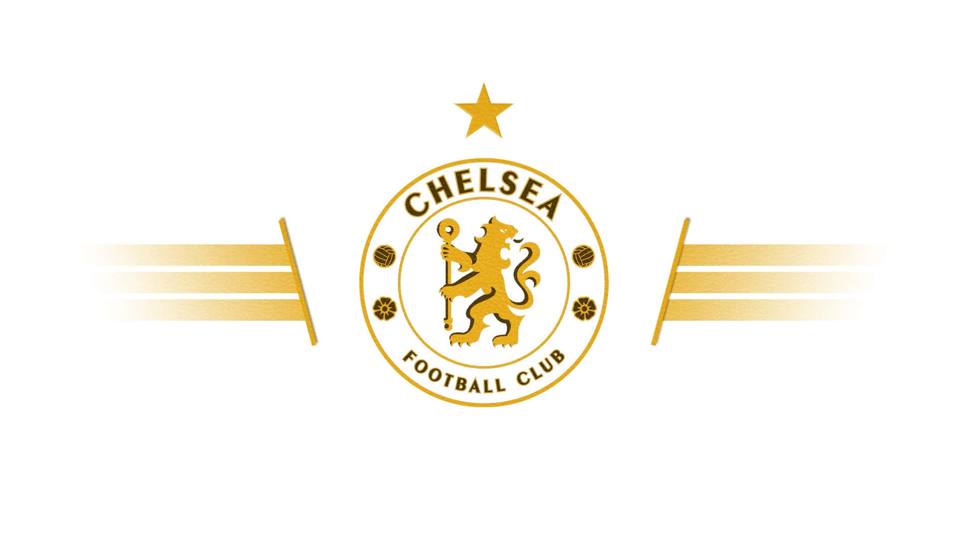 Chelsea 桌布 壁紙 — 金色車路士足球會徽章，上有直立獅子和星星，白色背景。