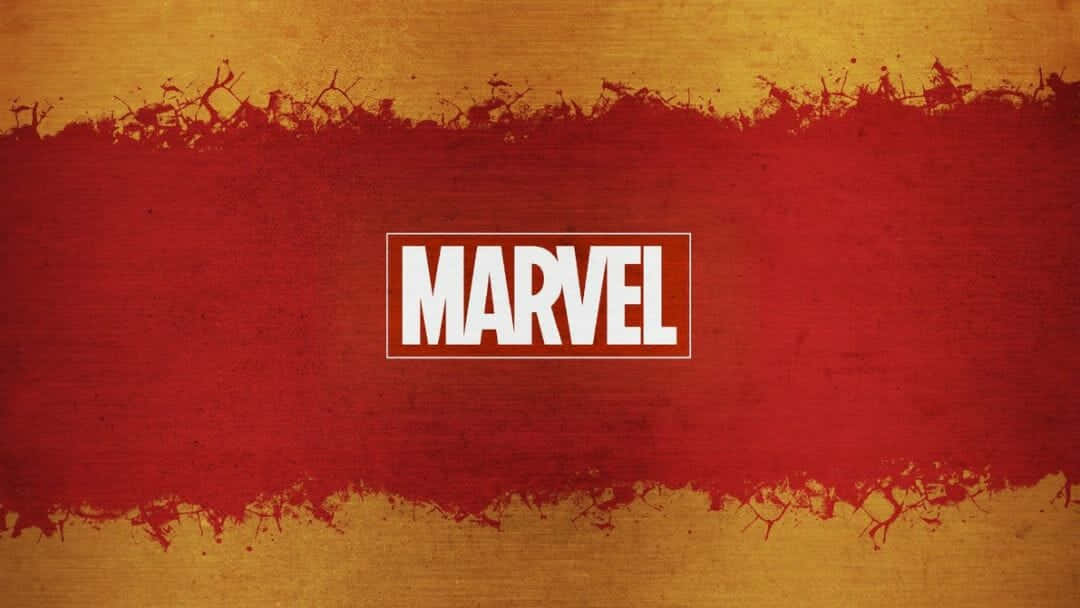 Marvel 標誌在帶有紋理的紅色和金色背景上，帶有油漆飛濺。