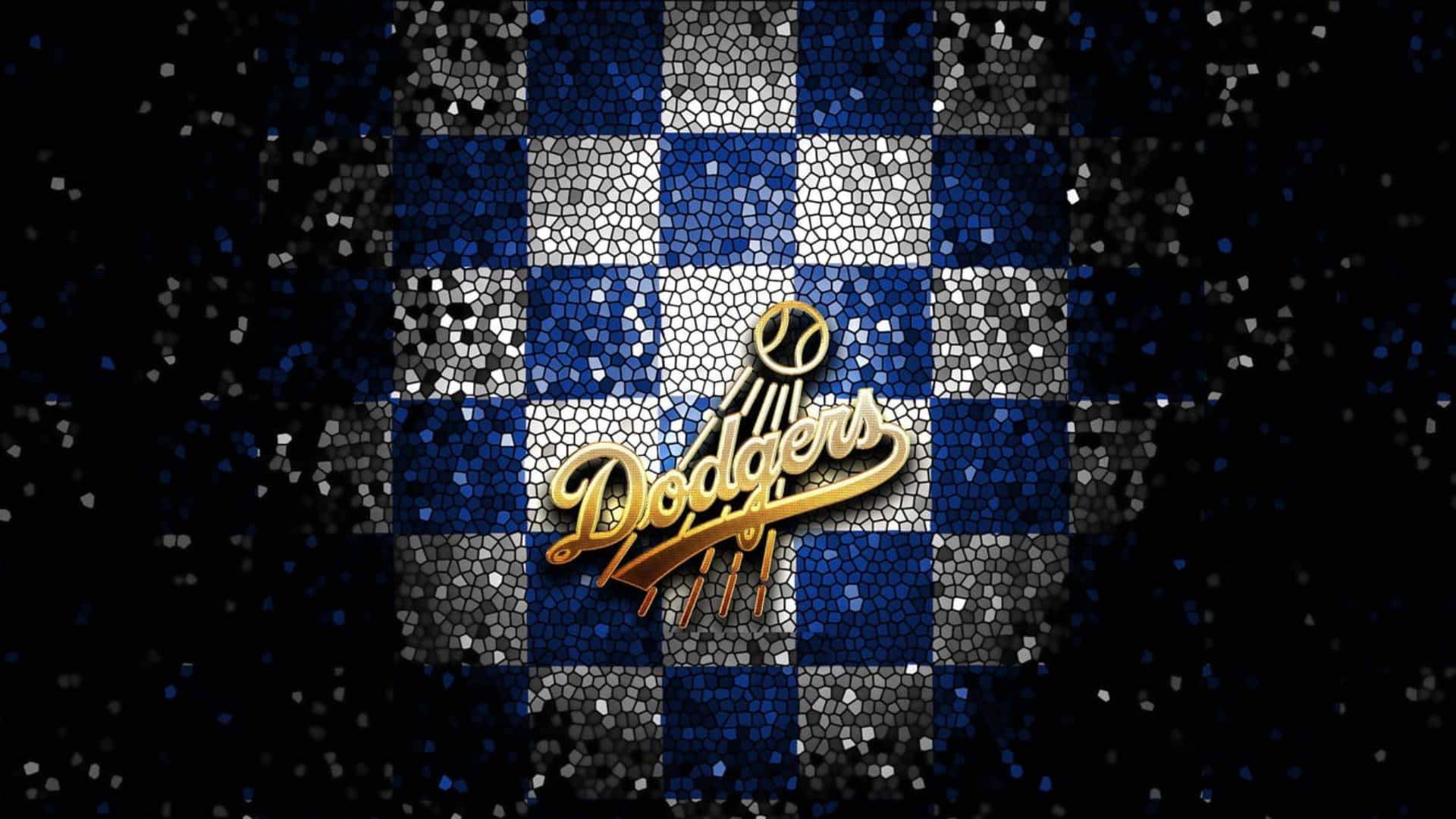 Dodgers 桌布 壁紙 — 金色道奇隊標誌在藍白格仔馬賽克背景上閃耀，並帶有閃爍的黑色斑點。