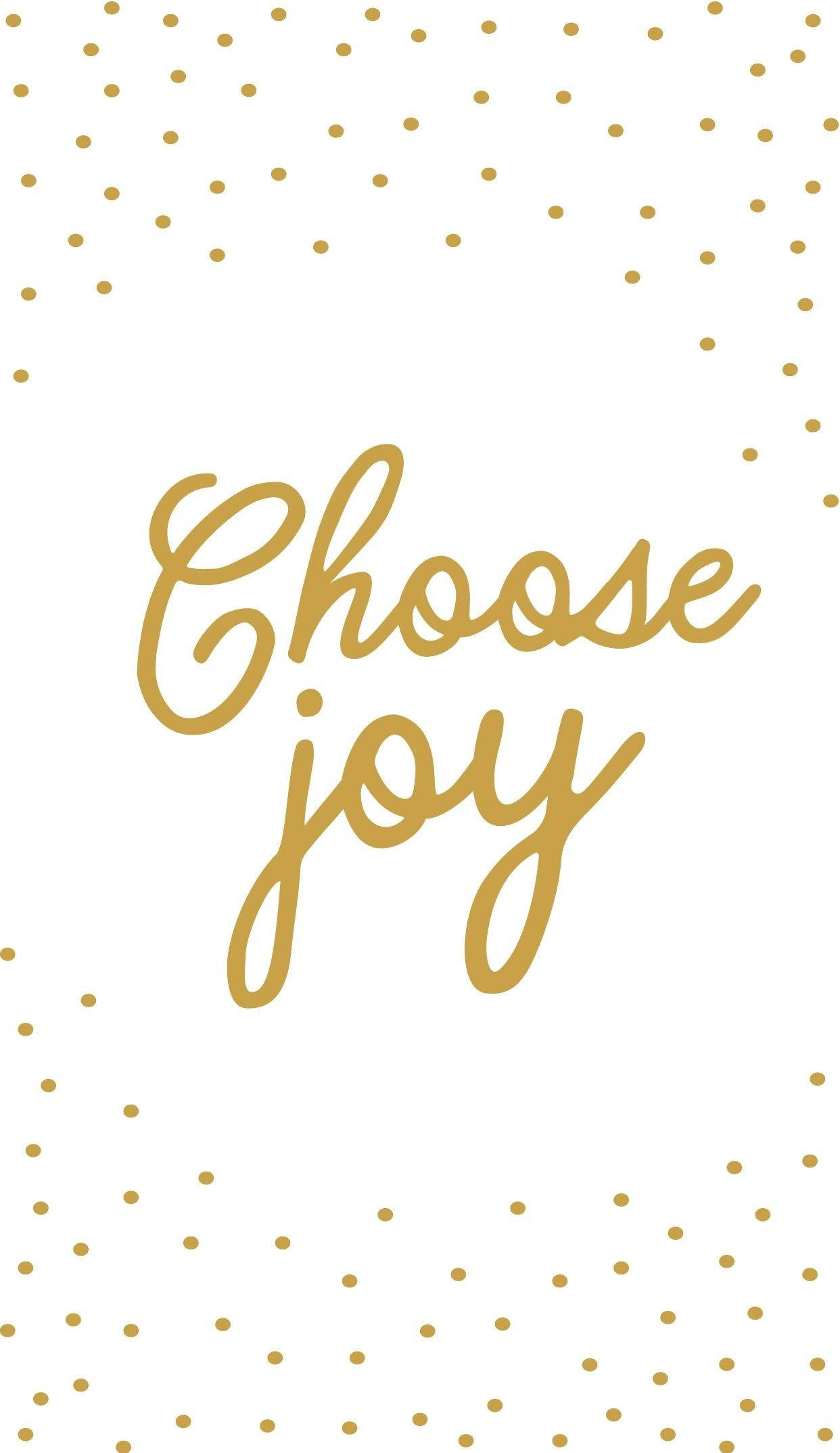 金色選擇快樂 壁紙 — 金色草書文字 'Choose joy' 被散落的金色圓點包圍在潔白背景上。