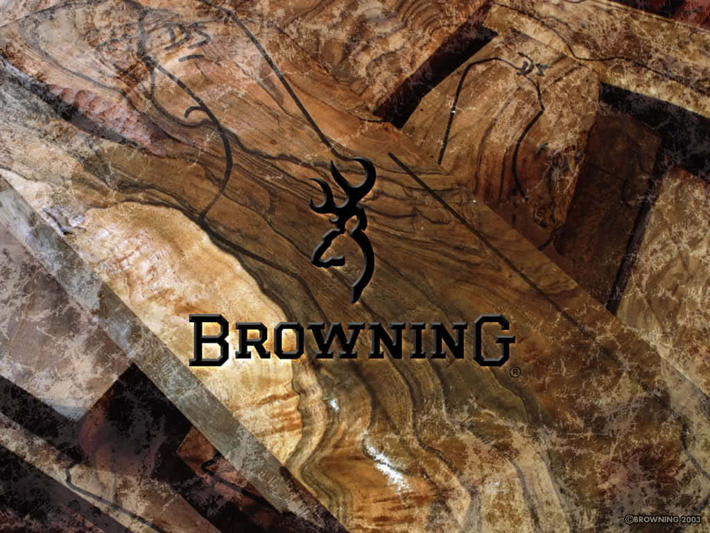 Browning 標誌在拋光大理石表面上，帶有漩渦狀的棕色和金色圖案。