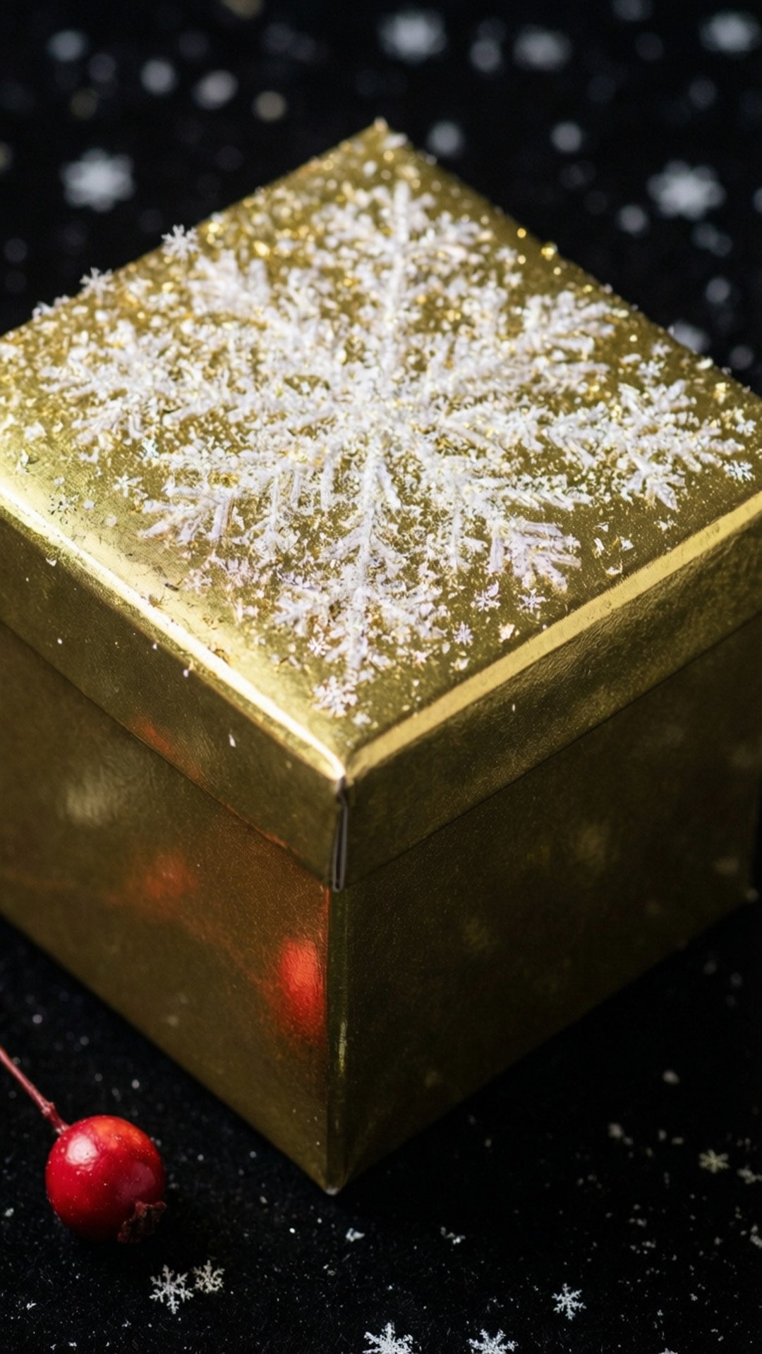 金色金屬禮物 壁紙 — 一個金色禮物盒，飾有精緻的白色雪花，旁邊放著一顆紅色漿果，置於雪白的黑色表面上。