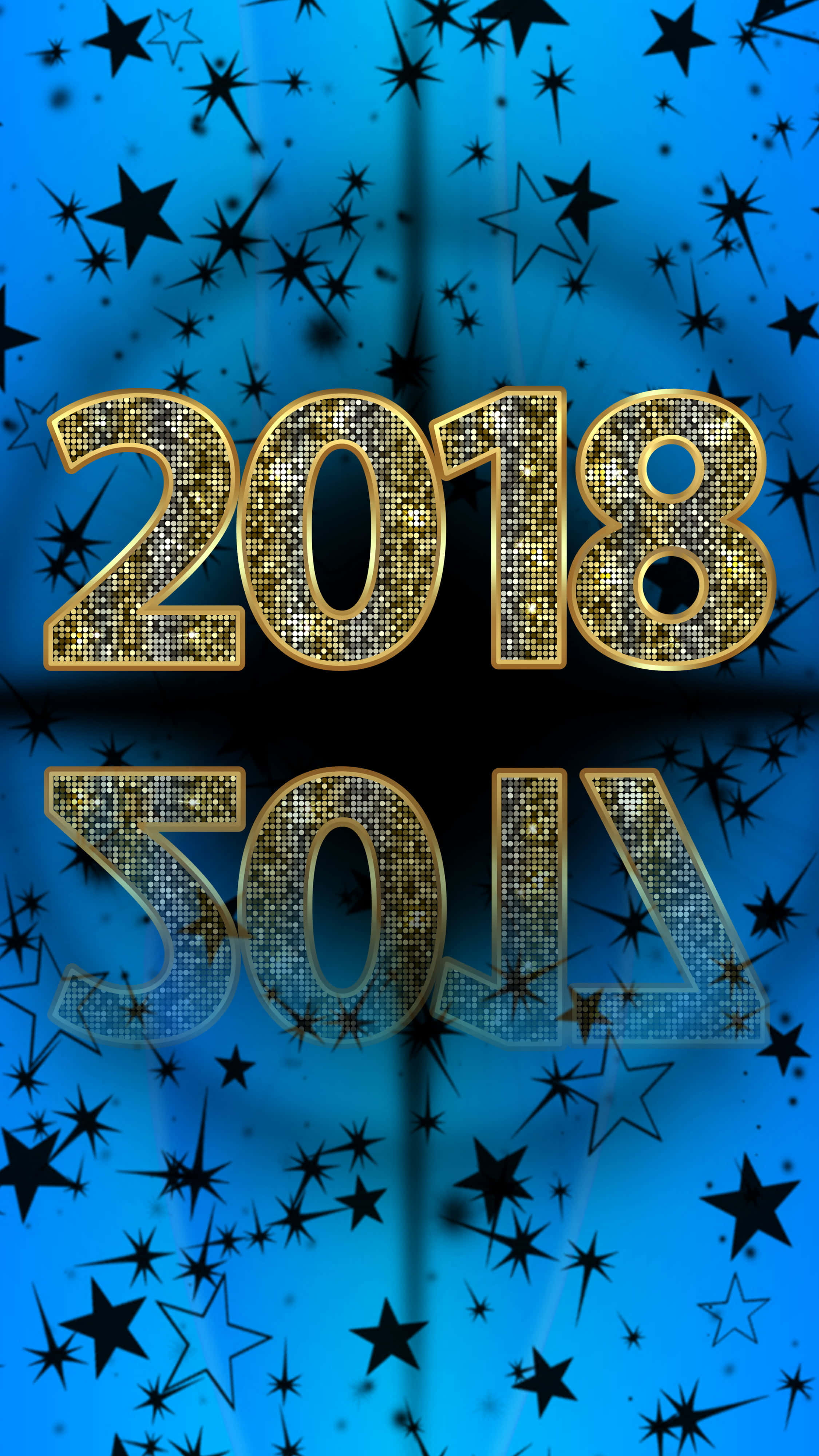 2018 桌布 壁紙 — 金色閃亮的2018文字，在散落黑色星星的藍色背景上帶有鏡面反射效果。