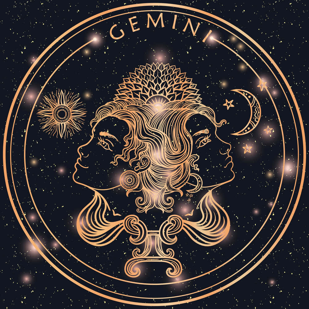 gemini 桌布 壁紙 — 金色雙子座星座符號，帶有雙胞胎側影和天體圖案，背景為星空夜空。