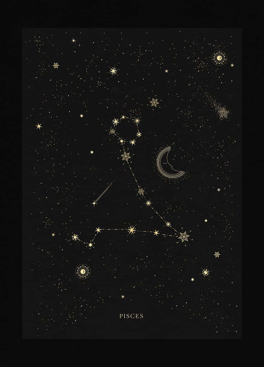 雙魚座 桌布 壁紙 — 金色雙魚座星座插圖，背景是繁星點點的黑色夜空，帶有新月和彗星。