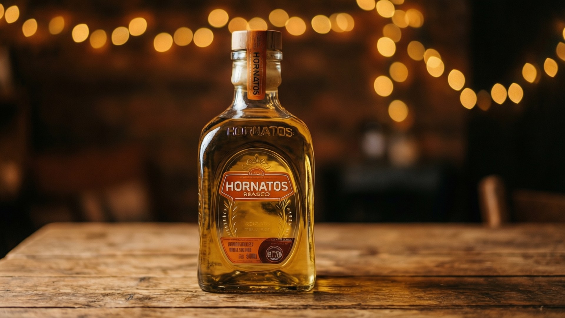 木桌上的Hornatós Reposado龍舌蘭酒瓶，背景有溫暖的串燈。