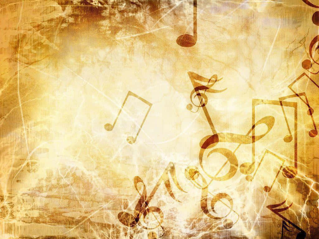 Classical Music 桌布 壁紙 — 金色音符和符號漂浮在帶有溫暖發光高光的紋理復古羊皮紙背景上。