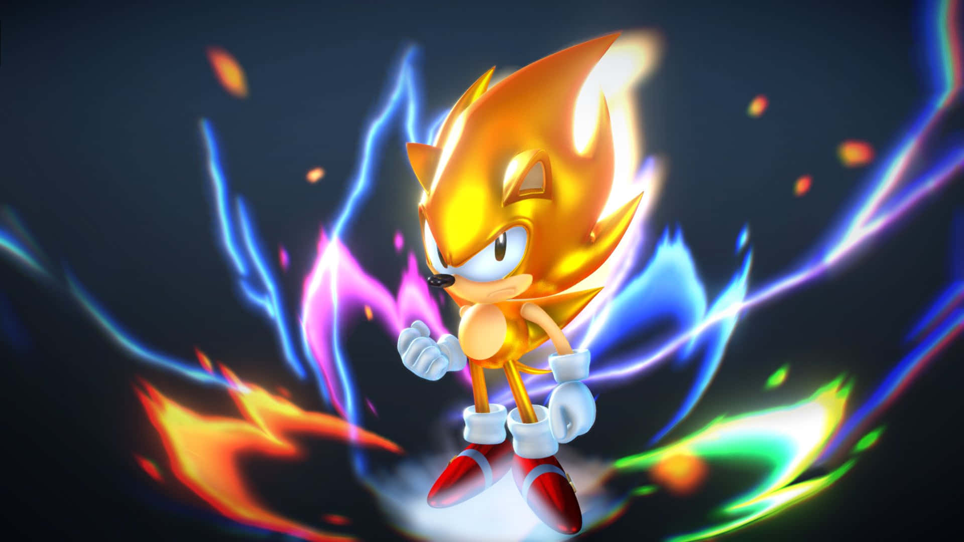 Sonic Art 桌布 壁紙 — 金色音速小子動態地站在黑暗背景前，周圍環繞著鮮明的電力和火焰般的能量條紋。