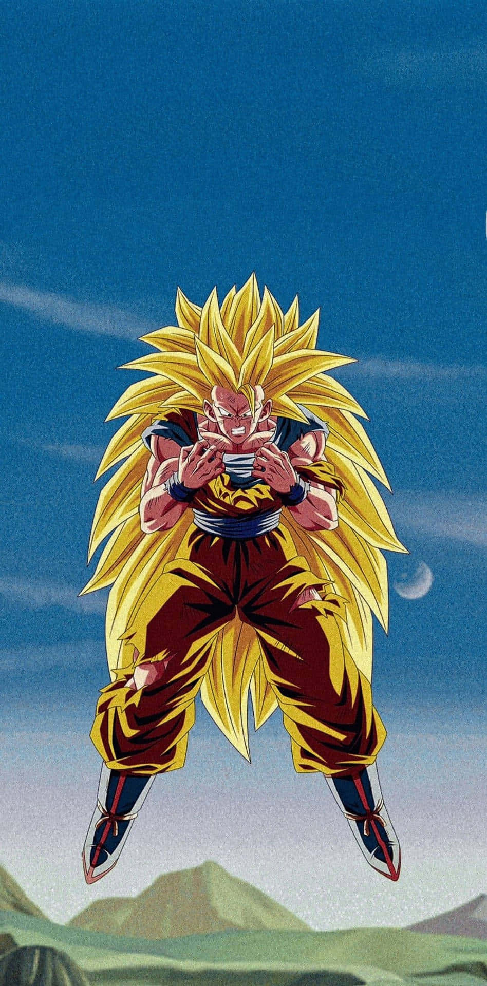 Ssj3 桌布 壁紙 — 金色頭髮的超級撒亞人悟空在藍天下強力漂浮，下方有新月和遠山。