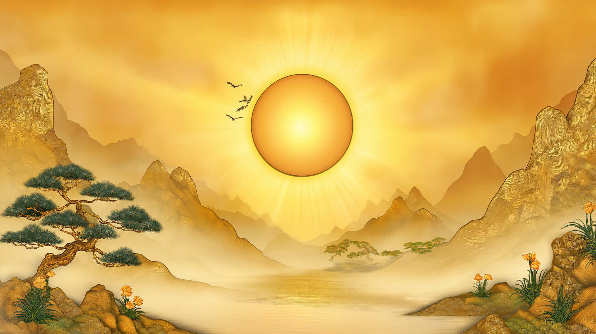 金色太陽在霧氣山巒上升起，有松樹和橙色花朵