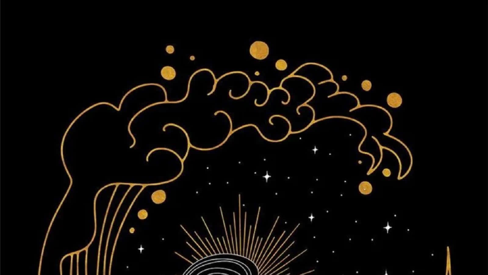 Witchy 桌布 壁紙 — 金色風格化的雲朵和星星漂浮在黑色背景上閃耀的太陽光芒之上。
