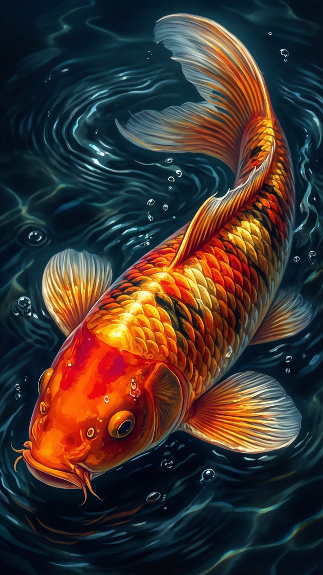 金色鯉魚 壁紙 — 一條鮮豔的橙色和金色錦鯉在黑暗的漣漪水中優雅地游動，周圍有氣泡升起。