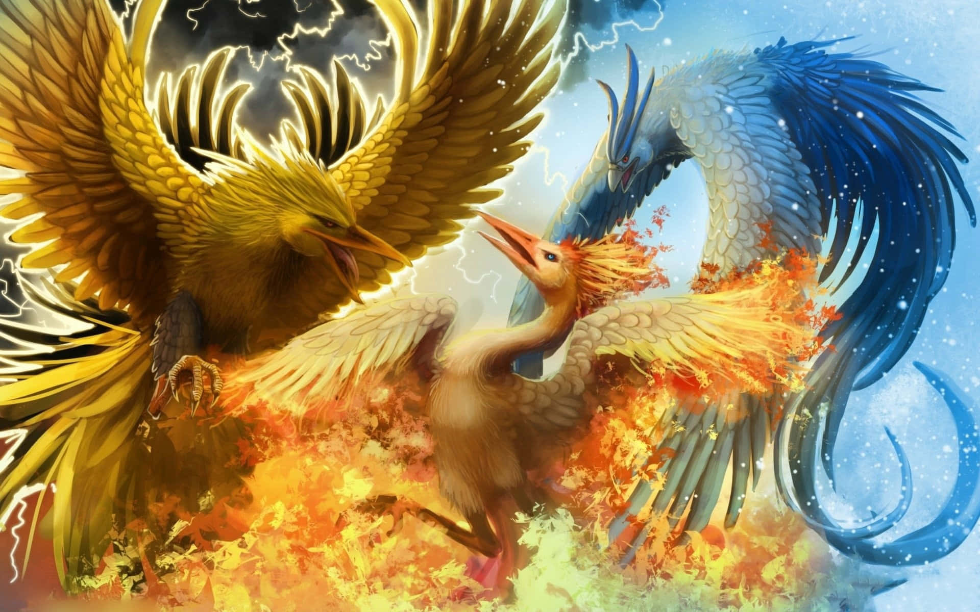 鳳凰 桌布 壁紙 — 金色鳳凰與藍色巨龍在烈焰與暴風雨中激戰的戲劇性奇幻場景。