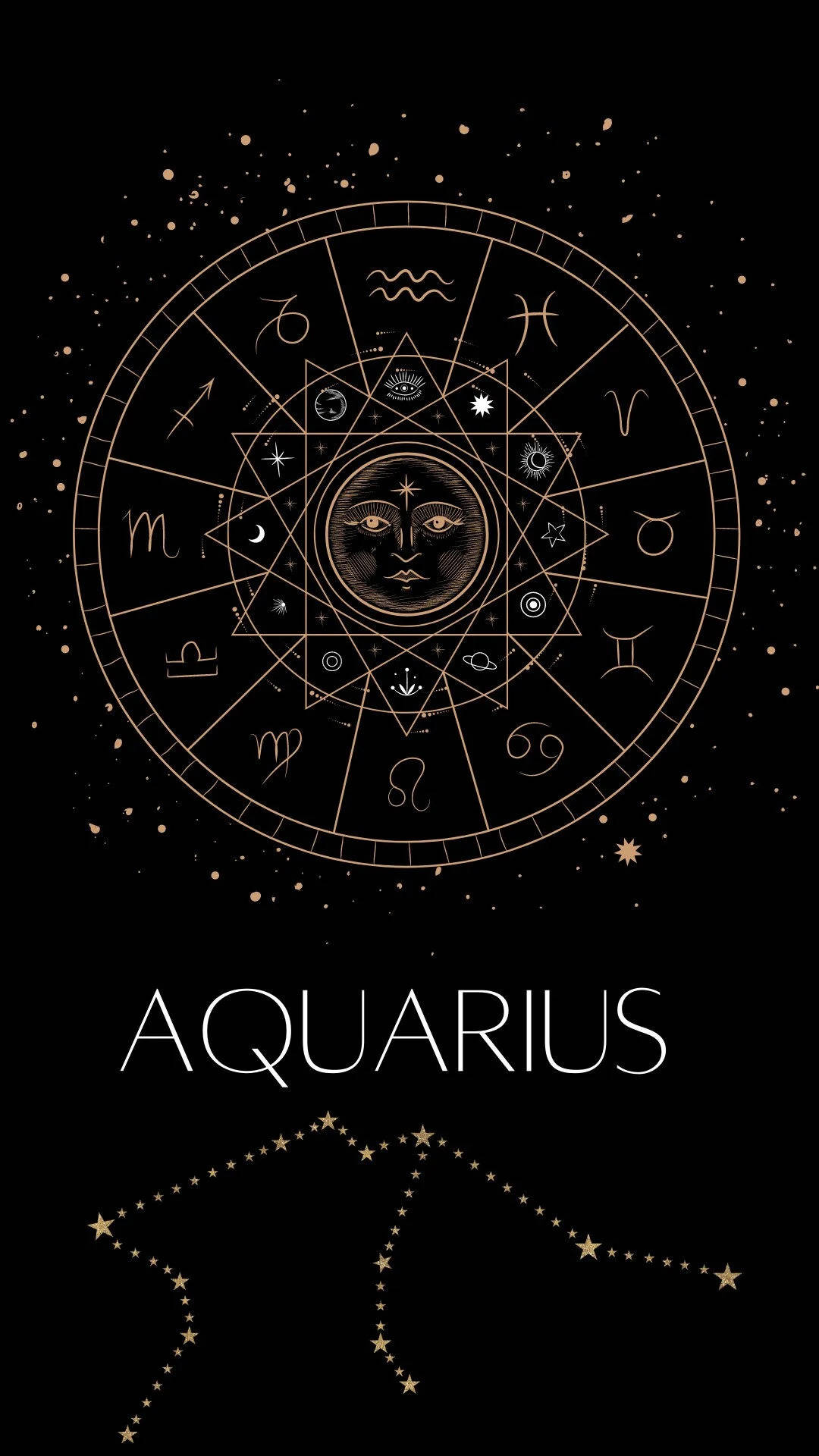 星座 桌布 壁紙 — 金色黃道輪，帶有水瓶座符號和星空星座，背景為黑色。