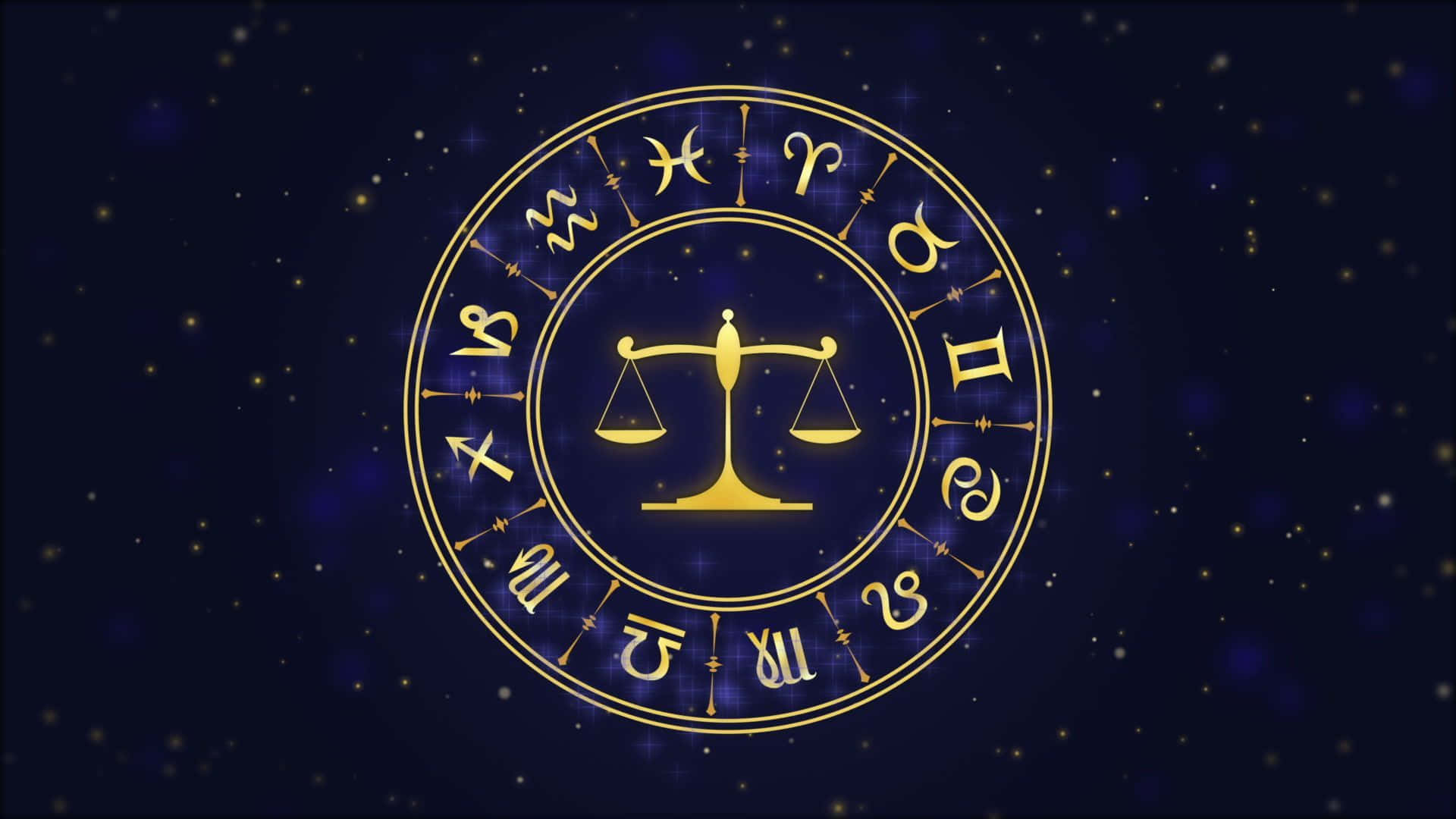 libra 桌布 壁紙 — 金色黃道輪盤，中央是天秤座的天秤，在星光閃爍的宇宙藍色背景上發光。