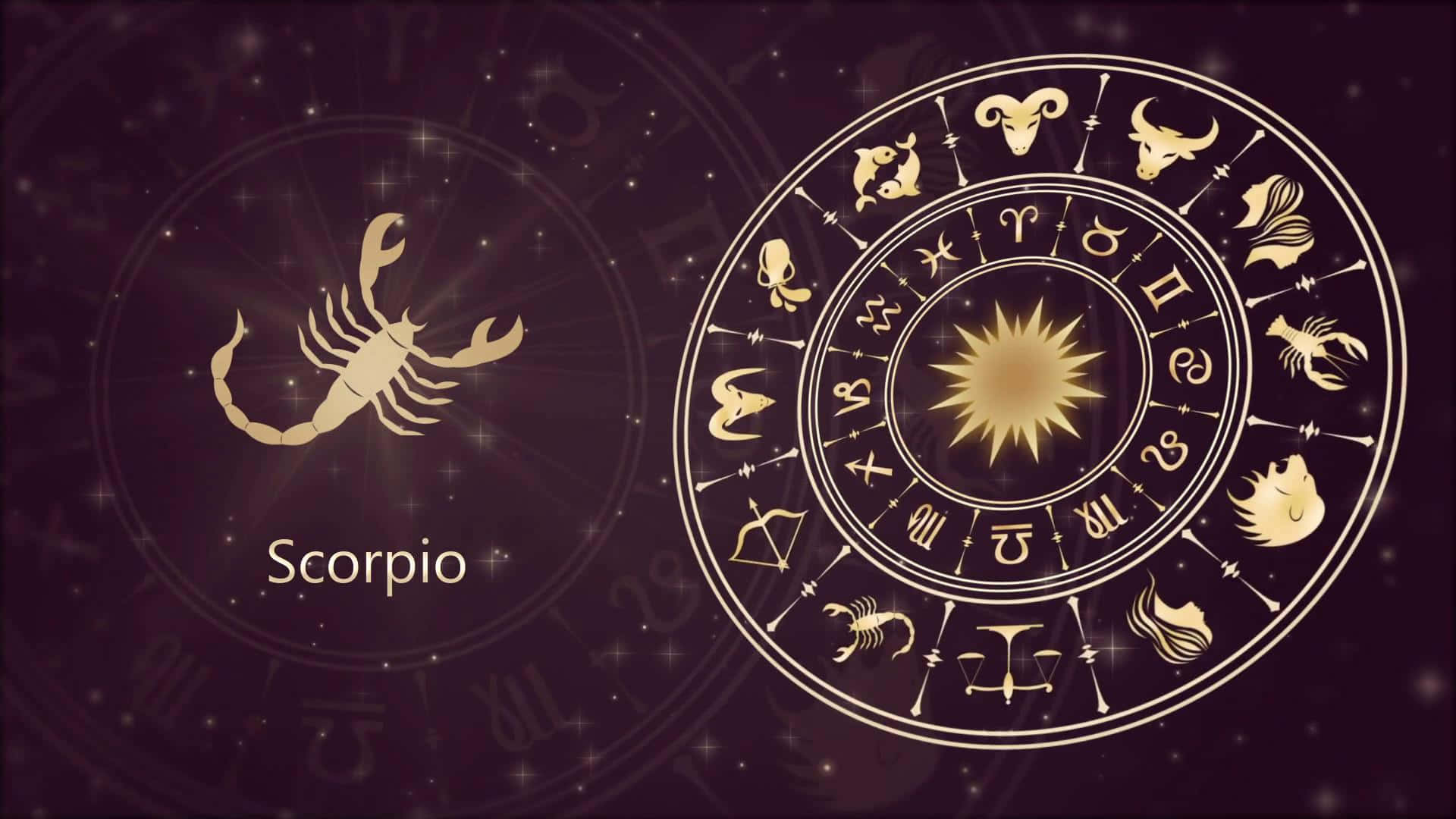 天蠍座 桌布 壁紙 — 金色黃道輪盤，天蠍座符號在星光閃爍的深紫色宇宙背景中發光。