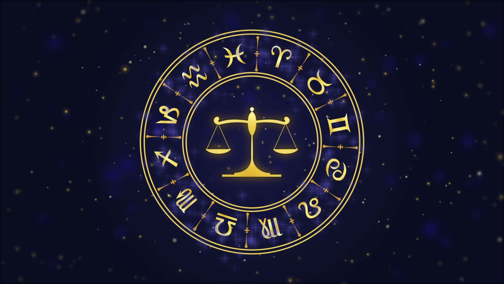 libra 桌布 壁紙 — 金色黃道輪盤中央有天秤座天秤，在繁星點點的宇宙藍色背景上閃耀。