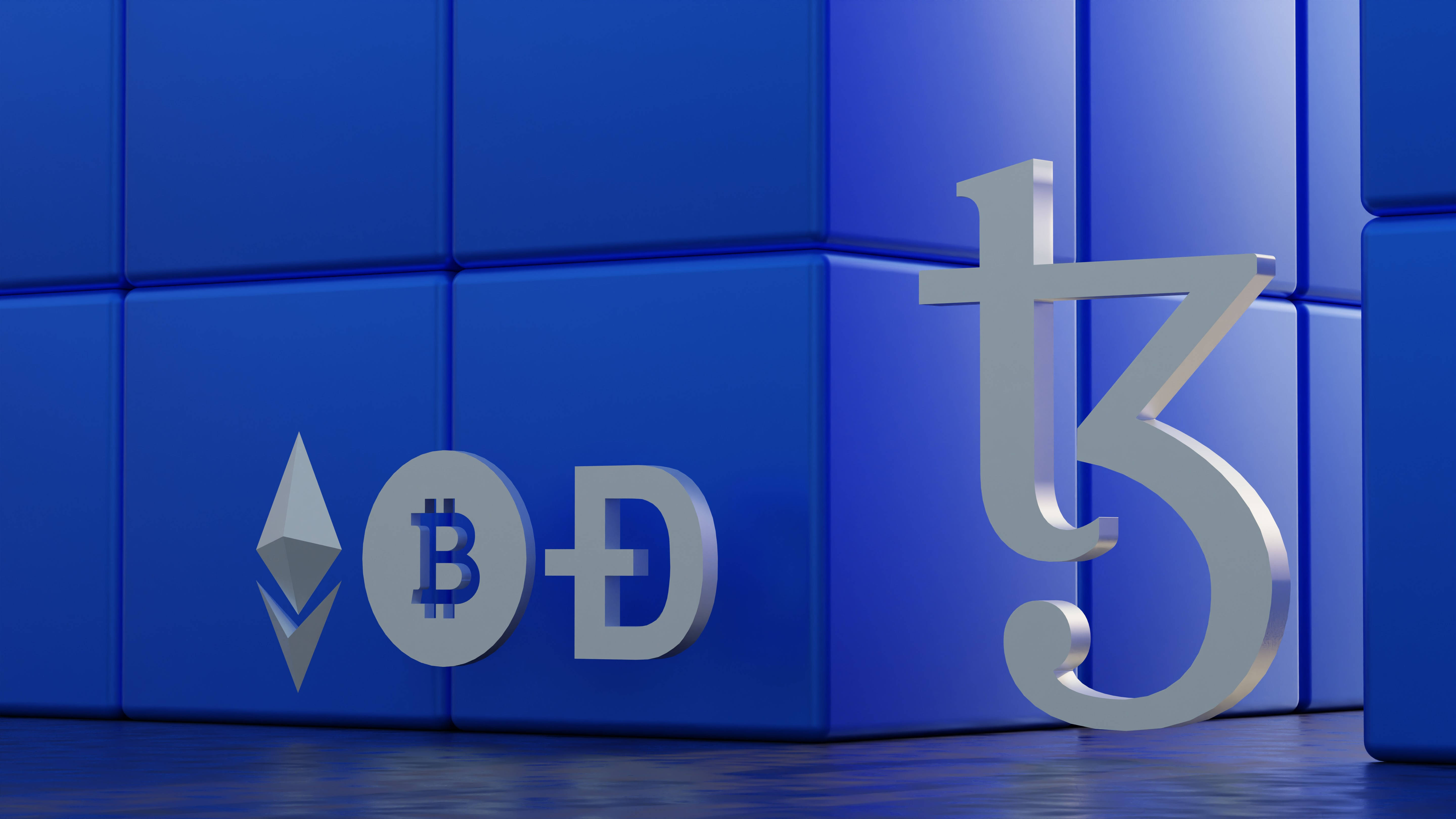 金融比特幣投資符號 壁紙 — 銀色加密貨幣標誌 Bitcoin Ethereum Dogecoin 和 Tether 在深藍色瓷磚牆上漂浮，呈現時尚的 3D 渲染數位空間。