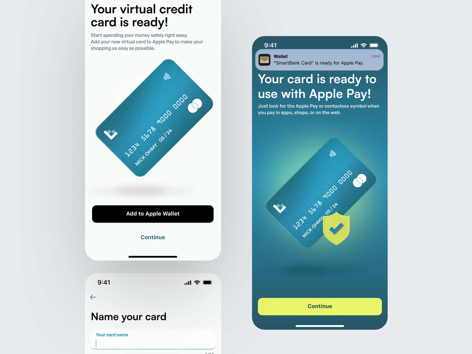 引導用戶將虛擬信用卡加入 Apple Wallet 的 iPhone 螢幕。