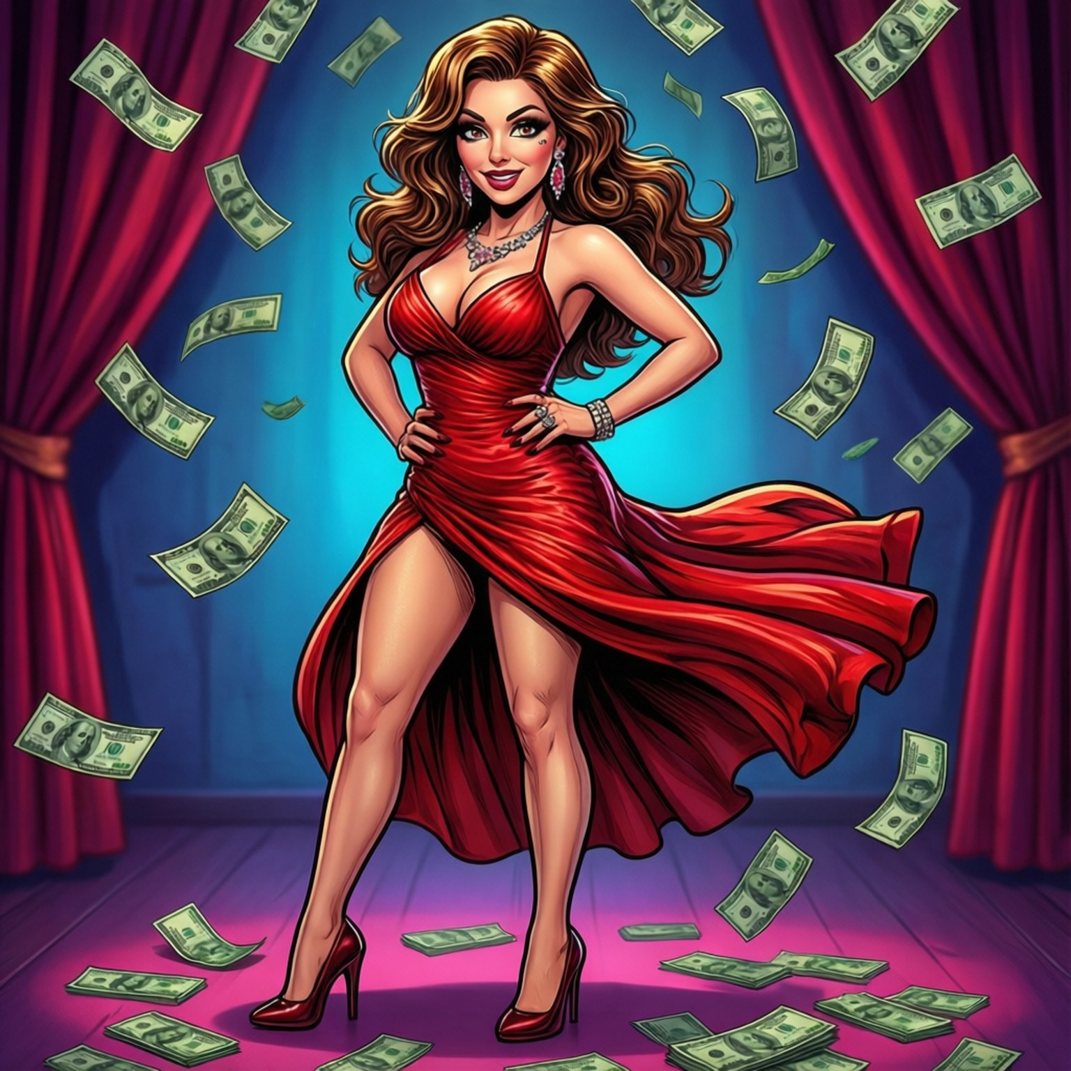 一位穿著紅色連衣裙的魅力女性在舞台上擺姿勢，金錢在她周圍落下。
