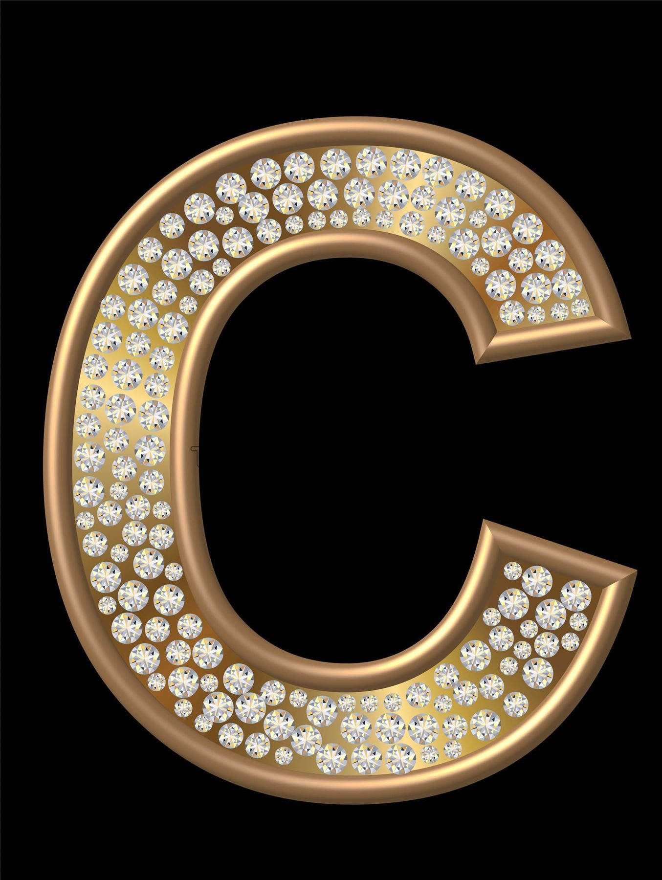 金鑲鑽石字母C 壁紙 — 金色字母C，鑲嵌閃爍鑽石，置於純黑背景之上。