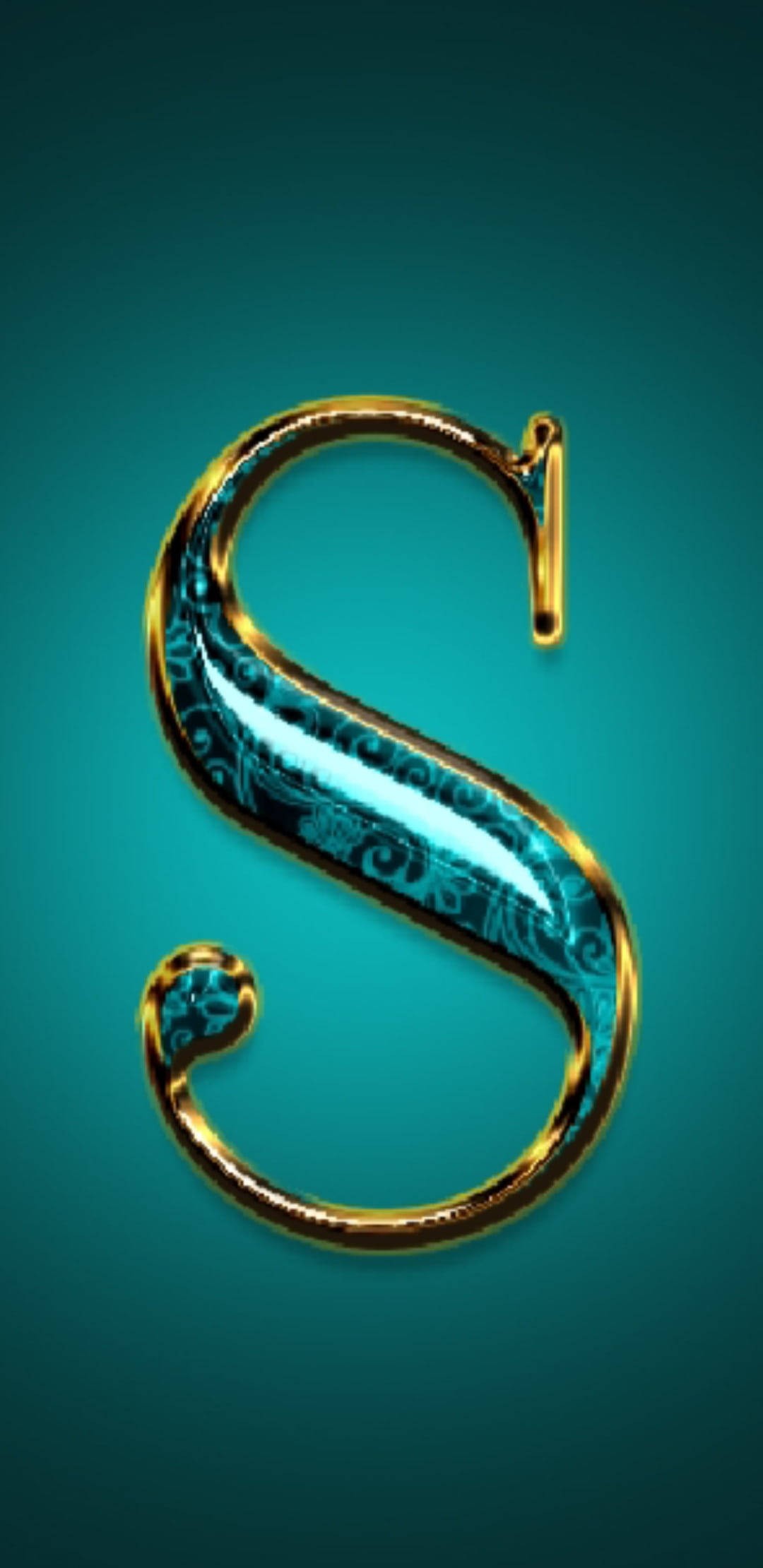 金鑽S字 壁紙 — 一個金色字母S帶有複雜的藍色圖案，在青綠色漸變背景上發光。